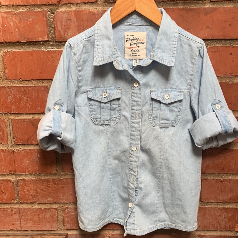 Ruum western style vintage light denim long sleeve button down for kids - Picture 7 of 9